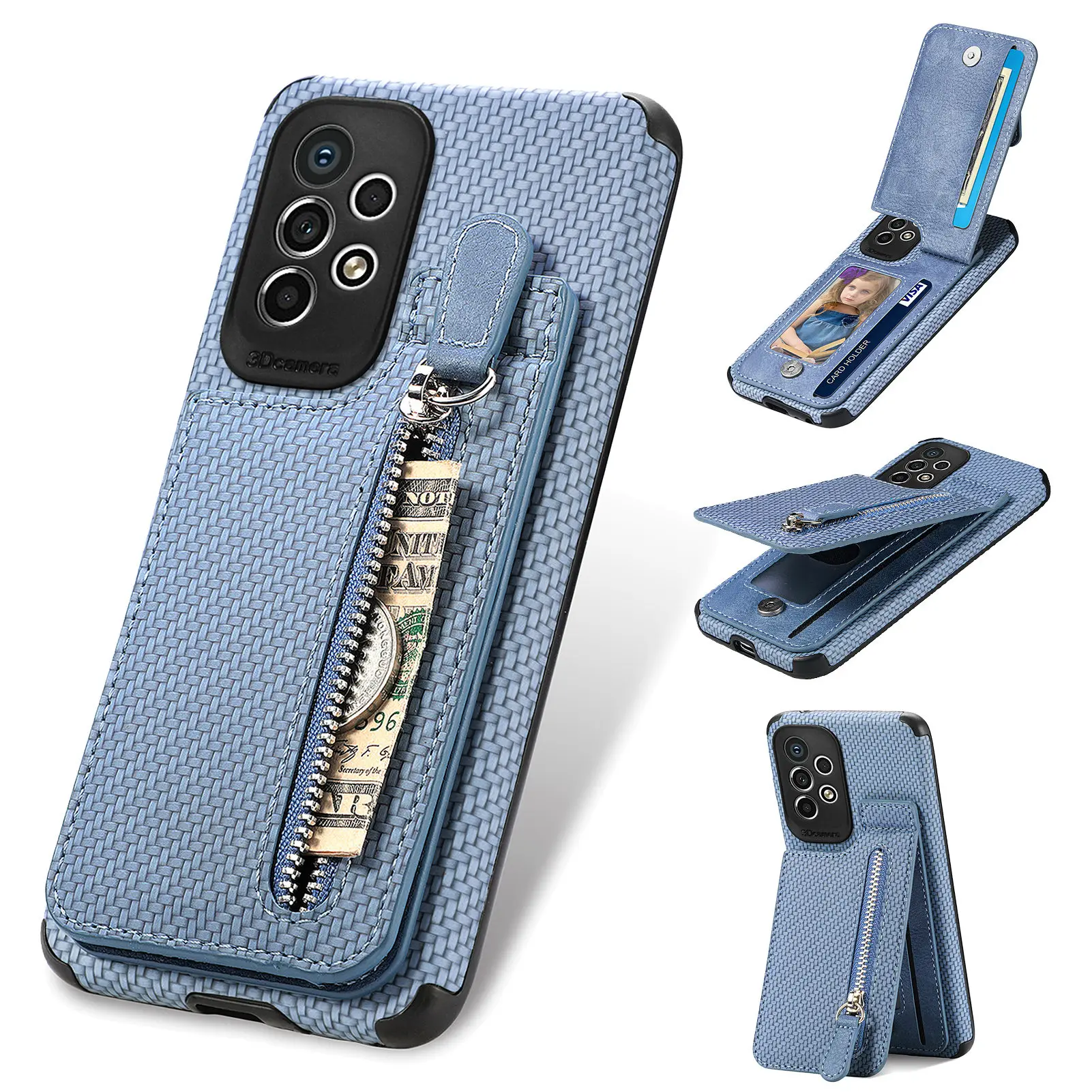 

Leather Zipper Carbon Fiber Case For Samsung A53 A33 A23 A73 A52S A72 A12 S23 S22 Ultra S21 S20 Magnetic Stand Card Solt Cover