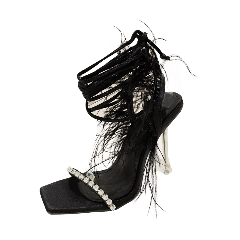 2023 New Roman Fur Rhinestone Square Toe Cross Strap Super High Heel Transparent Sandals Women