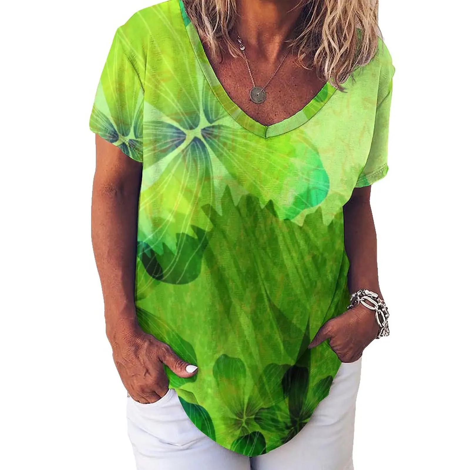 

Футболка женская с цветочным принтом, зеленый топ с V-образным вырезом, с коротким рукавом, в стиле хип-хоп, большие размеры 3XL, на заказ