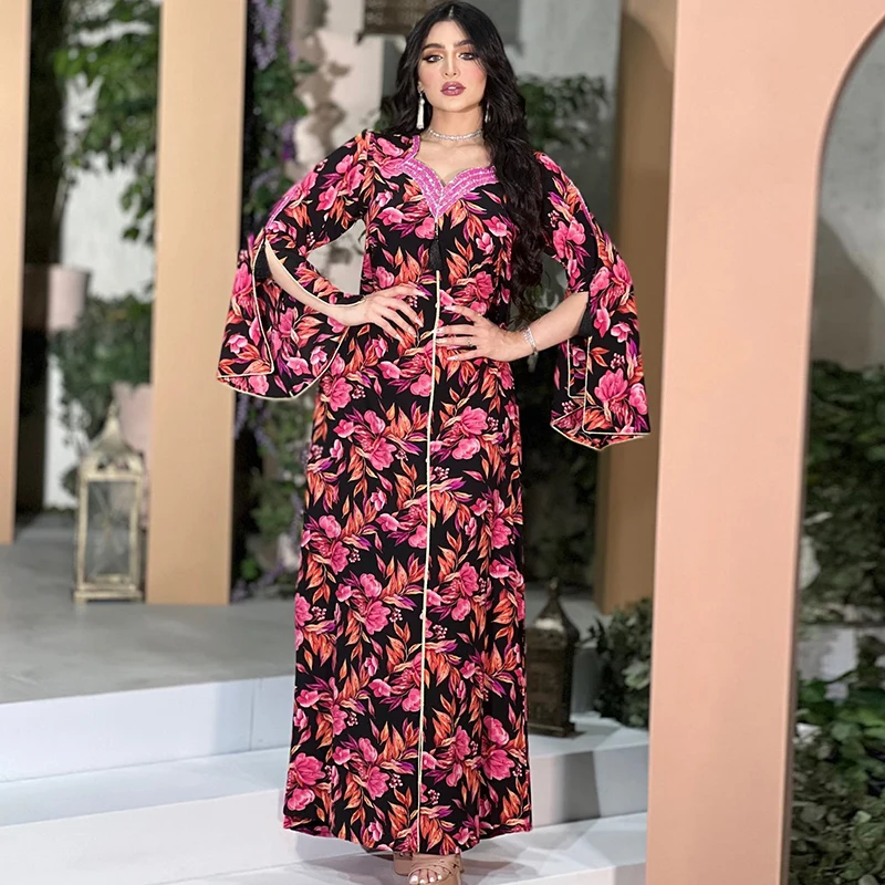 Ramadan Eid Diamond Beading Tassel Floral Printed Abaya Dubai For Muslim Women 2022 Middle East Arab Abaya Femme Islamic Clothes