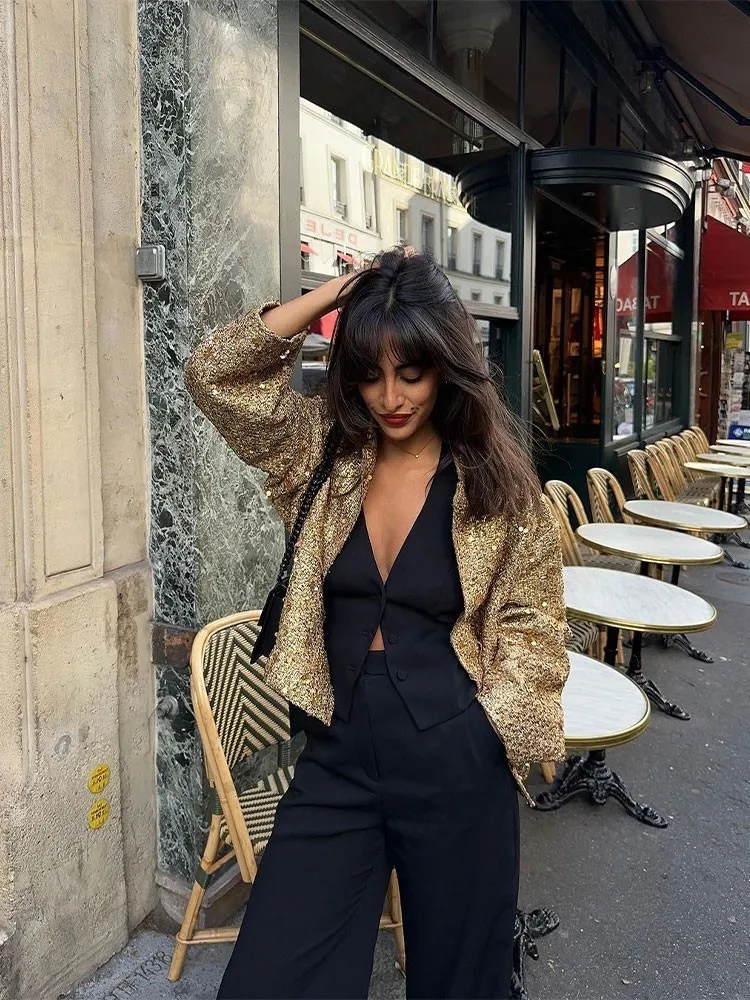 

Женская укороченная куртка с блестками, однотонное пальто с воротником-стойкой и длинным рукавом, осень 2023