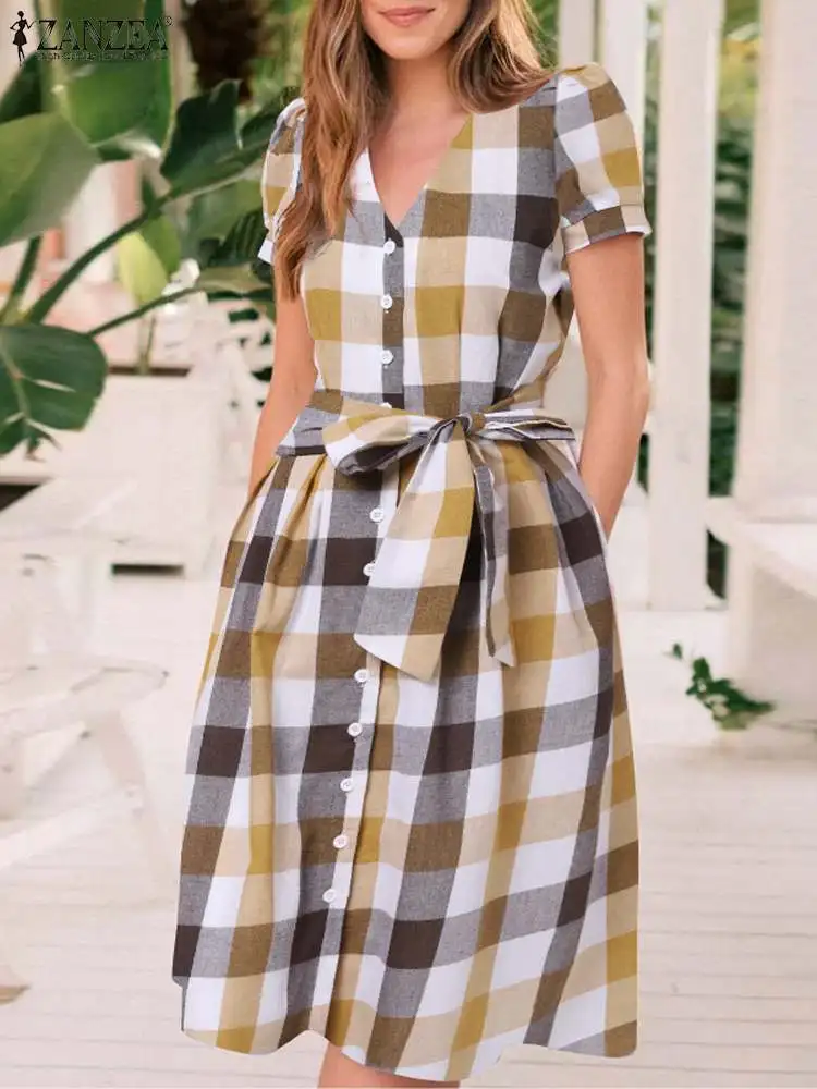 

ZANZEA Puff Sleeve Yellow Vestidos Women Belted Dress Checked Fashion Robes Plaid Buttons Elegant 2023 Summer Knee-length Dress