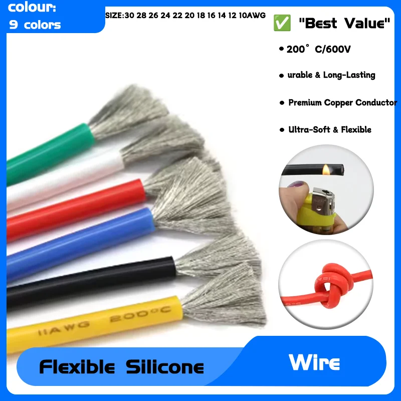 

Высокотемпературный гибкий медный термостойкий кабель 1 м/5 м 30 28 26 24 22 20 18 16 15 14 13 12 10 AWG ультрамягкий силиконовый провод