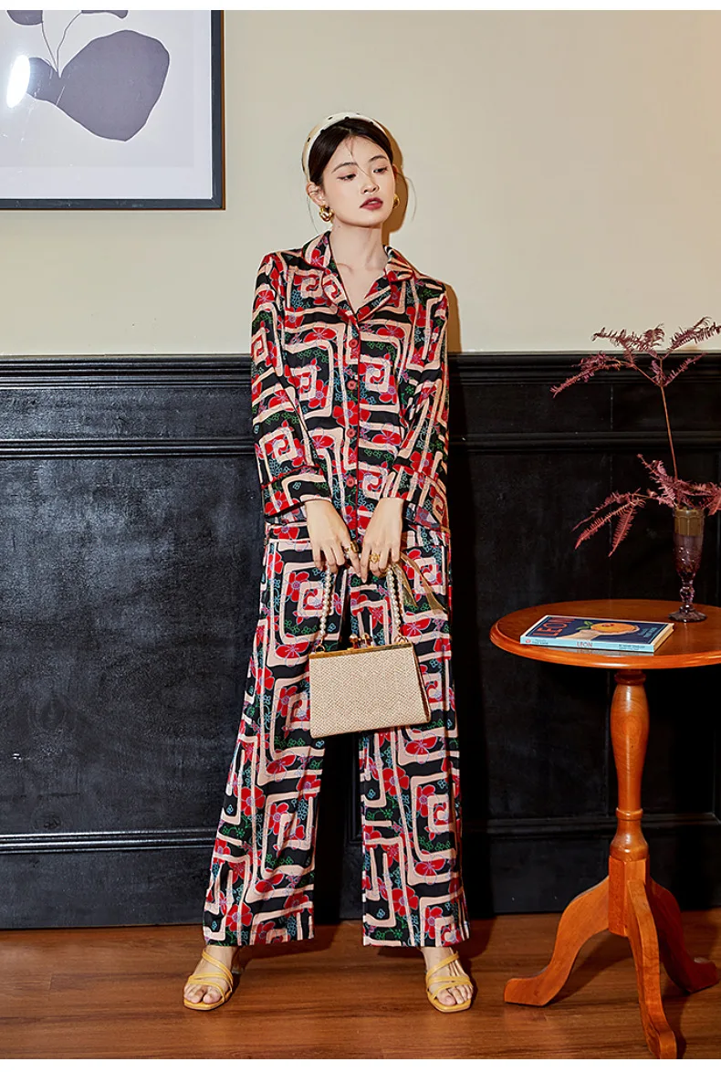 Long Sleeve Pajamas Women's Ice Silk 2022 New Fashion Print Homewear two piece set summer pajamas