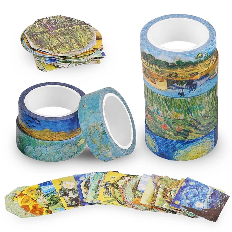 

Van Gogh Inspired Washi Masking Tape Set Of 8 Rolls + 90 Pcs Planner Stickers For DIY Crafts Scrapbook