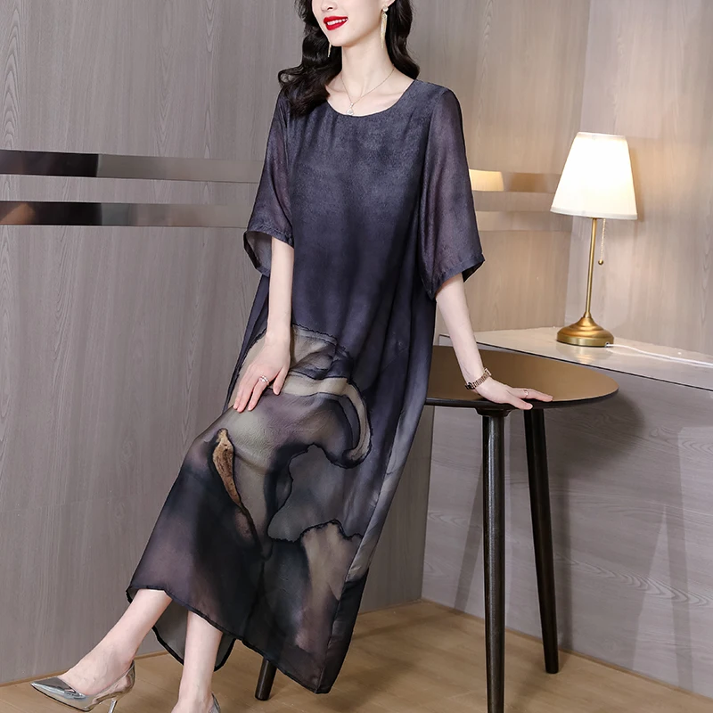 Женское шелковое платье с принтом свободное элегантное большого размера высокой