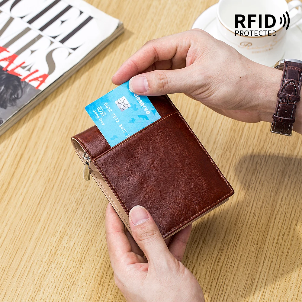 Leather high-grade brief paragraph man purse high-capacity restoring ancient ways zipper more than zero wallet for RFID card bag