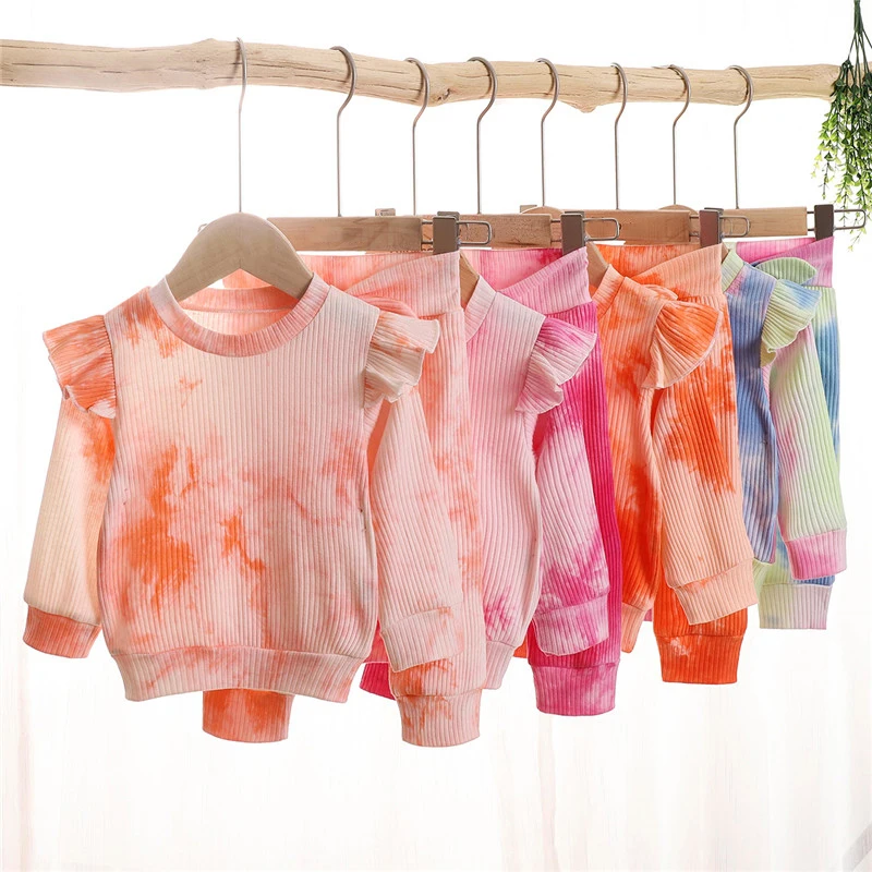 

1-4Y Toddler Kids Baby Girls Autumn Outfits Infant Girls Ribbed Knitted Tie Dye Print Sweatshirts+Bowknot Long Pants Tracksuits