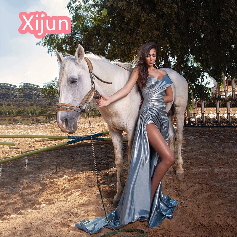 

Xijun Sky Blue Mermaid Prom Dress Off The Shoulder Formal Party Gowns Pleated V Neck Women Evening Gown Robe De Soiree 2023