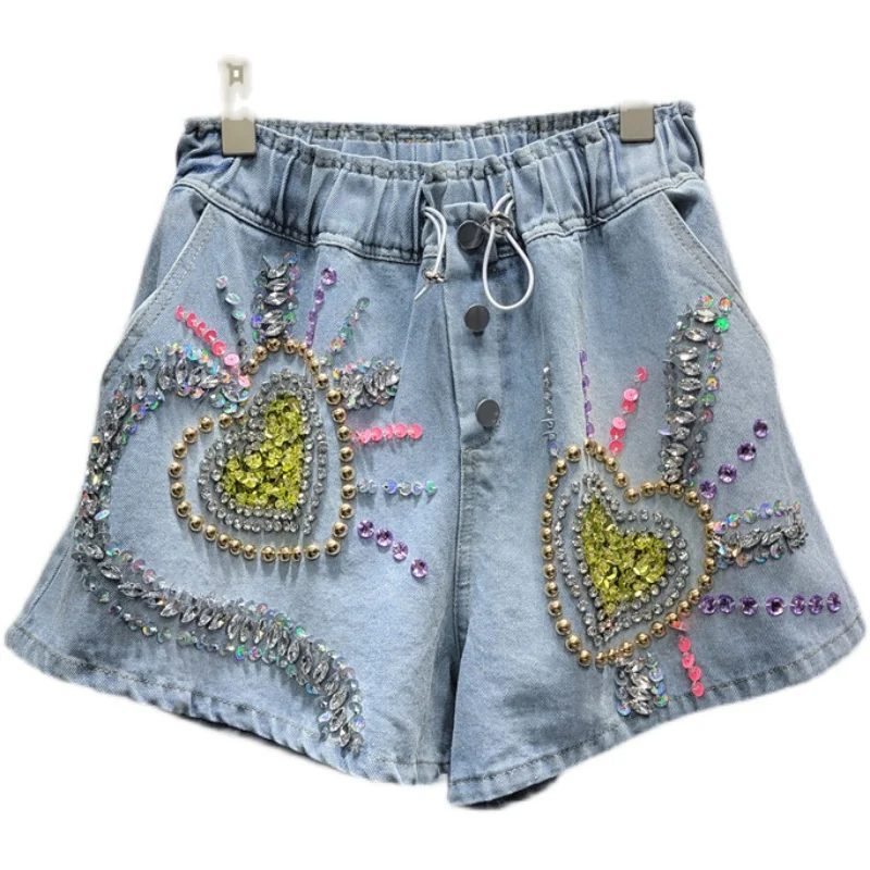 2023 Summer New Exquisite Rhinestone Beaded Sequins Short Pants High Waist Slimming Wide-Leg Denim Shorts Jeans for Women