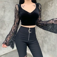 2022 new sexy v neck vintage embroidered lace patchwork flare sleeve t shirt women velvet slim crop tops pullovers streetwear