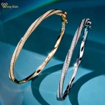 Wong Rain Luxury 100% 925 Sterling Silver High Carbon Diamond 18K Gold Plated Women Bangle Bracelet Fine Jewelry Gifts Wholesale