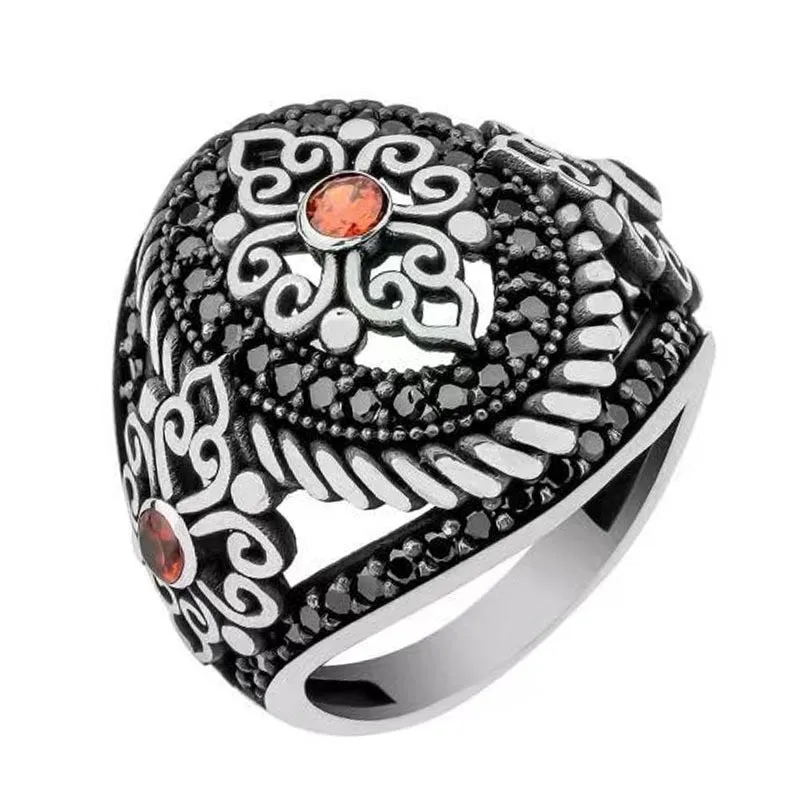 

Carved Pattern Micro Inlaid Red and Black Zircon Two-tone Ring, European and American Vintage and Old Neutral Ring Size 6-13