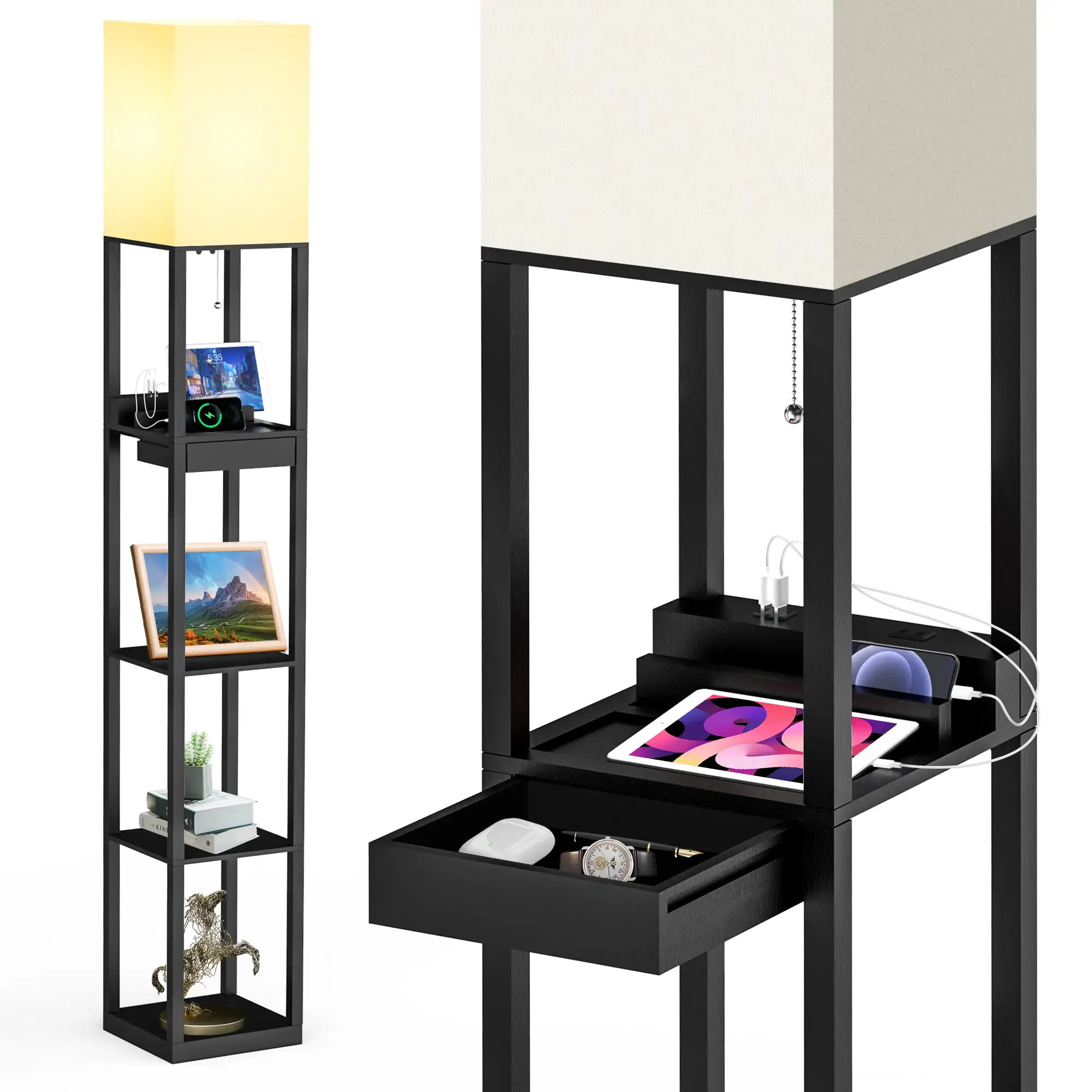 

HMTX 5-Tier Shelf Floor Lamp with Drawer and LED Bulb, 2 Charging Ports and Outlet, Black