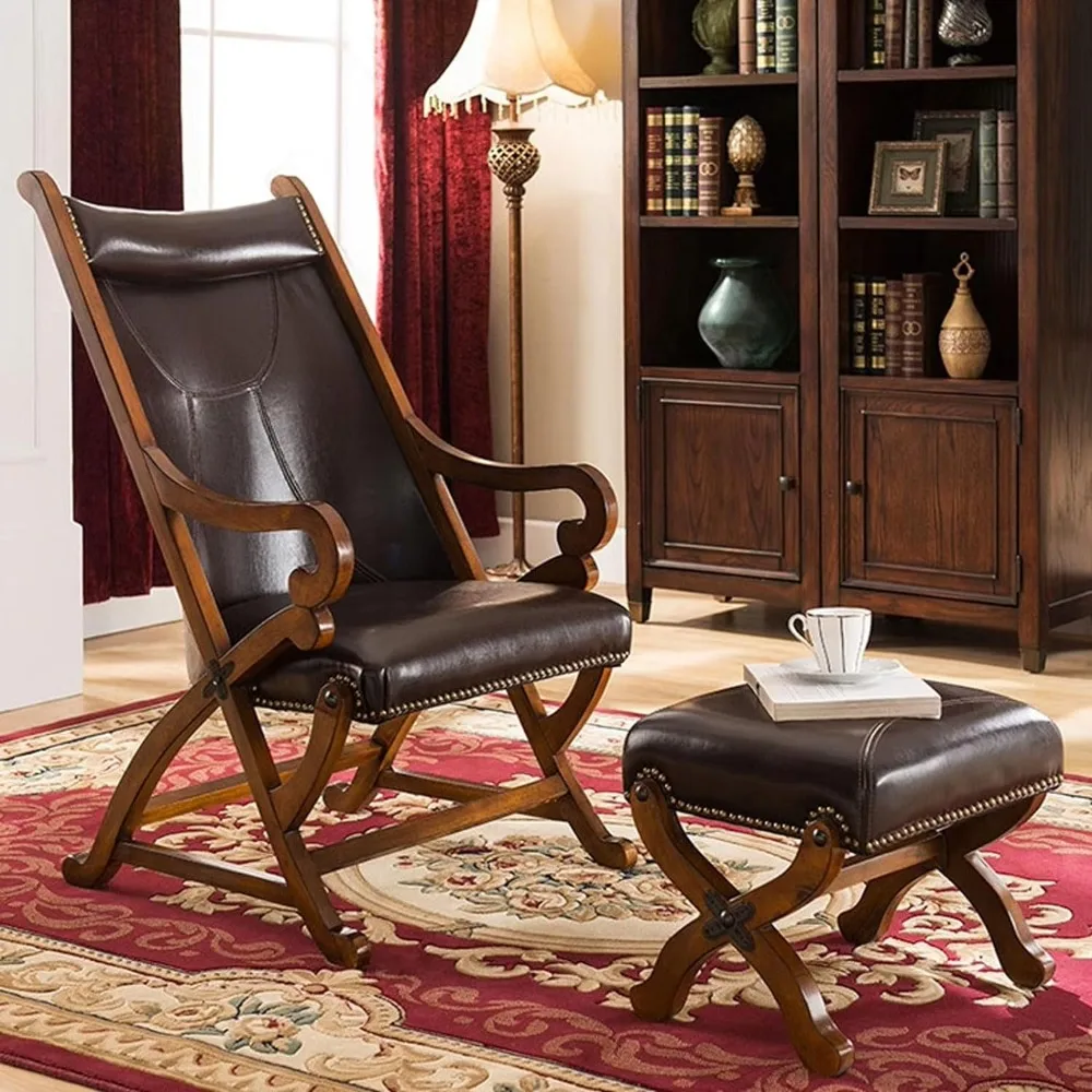 Кожаная подставка для ног в рустикальном стиле из дерева прямоугольная