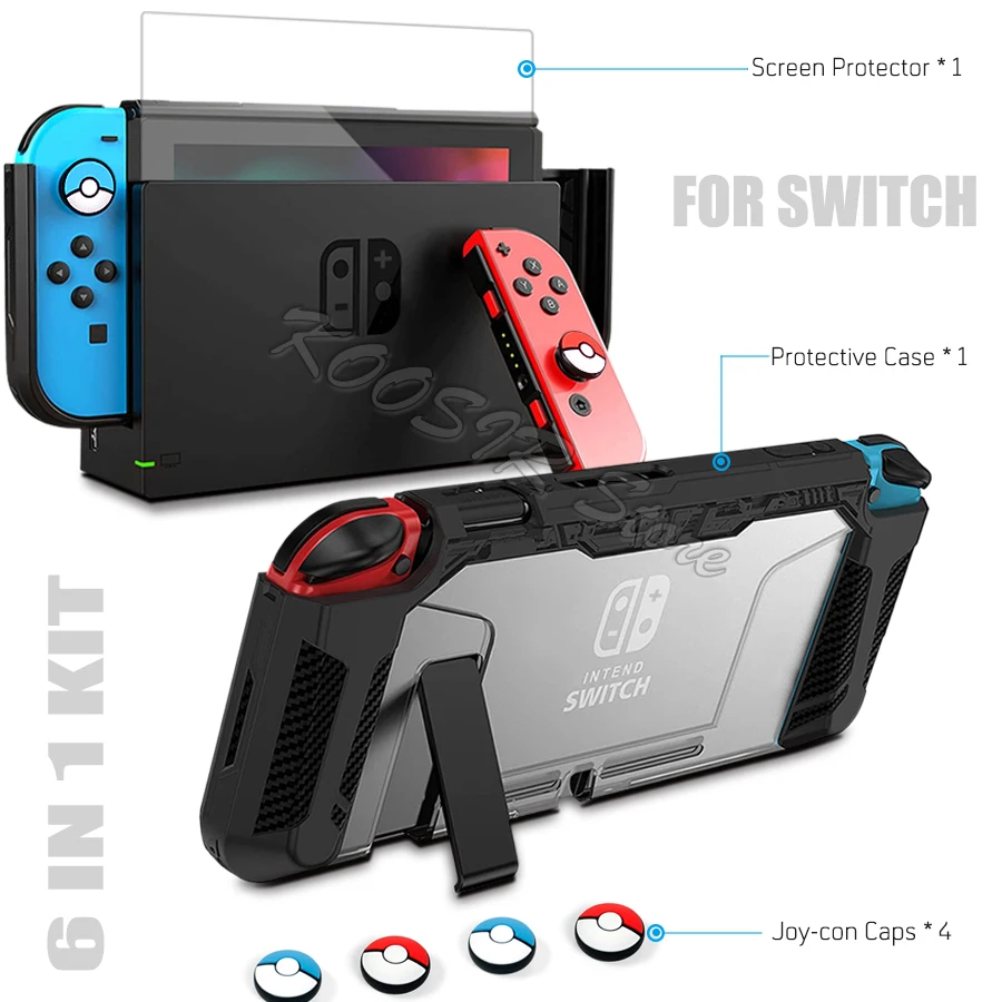

6 In 1 Game Accessories Set With Soft Case Anti-fingerprint Shell + Screen Protector + 4 Joycon Grip Cover For Nintendo Switch