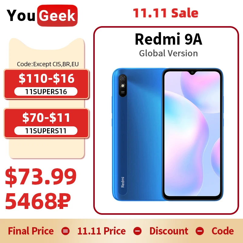 Tanie Globalna Wersja Xiaomi Redmi 9A 9 A 2GB 32GB Telefon Komórkowy 5000mAh Bateria MTK Helio Octa Core 6.53