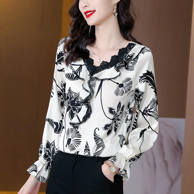 

#1768 Black White Green Printed Blouse Women V-neck Spliced Lace Ruffles Long Sleeve Womens Tops And Blouses Satin Office Blouse