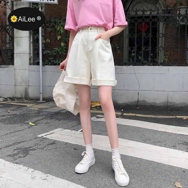 Fashion Denim Jeans Summer Women Cotton Cargo Shorts Korean High Waist Pocket Elastic Wide Leg Shorts Casual Loose Hotpants