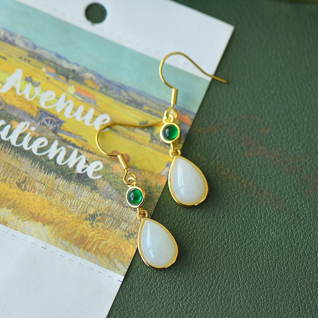 Серьги-подвески из натурального нефрита с белым нефритом женские ювелирные