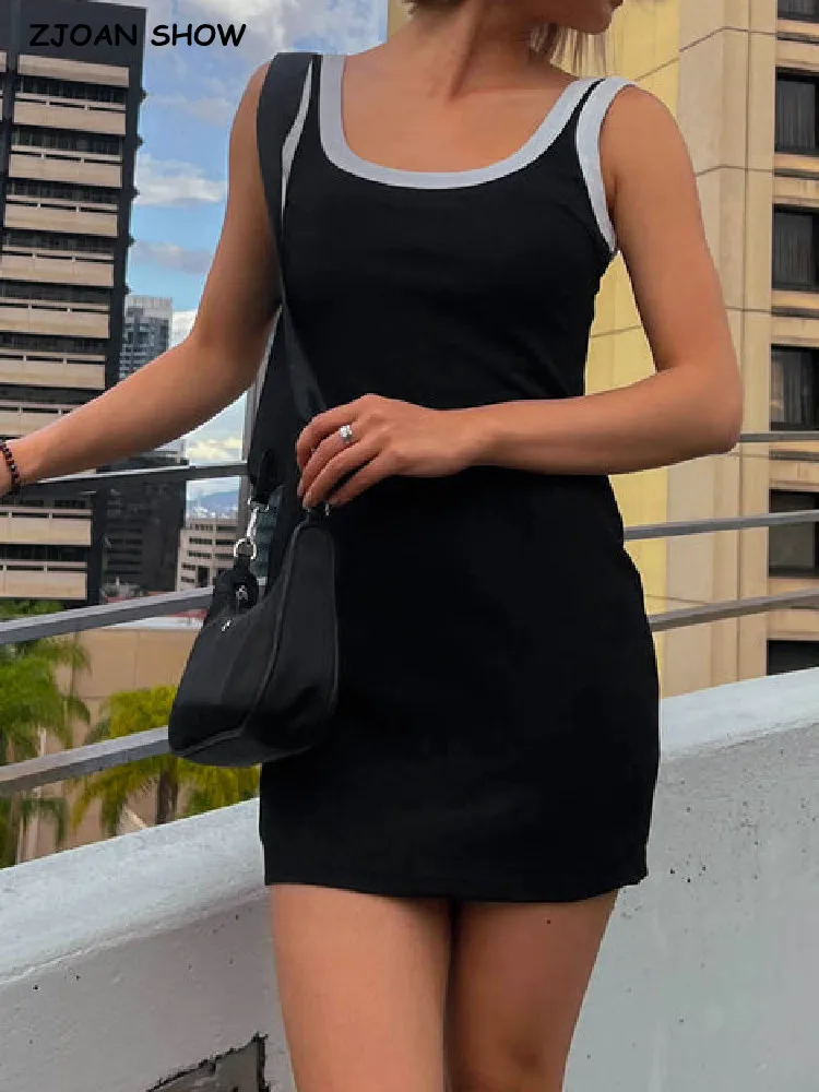 

Летнее модное Черное контрастное белое платье-чехол с круглым вырезом, соблазнительное облегающее мини-платье без рукавов