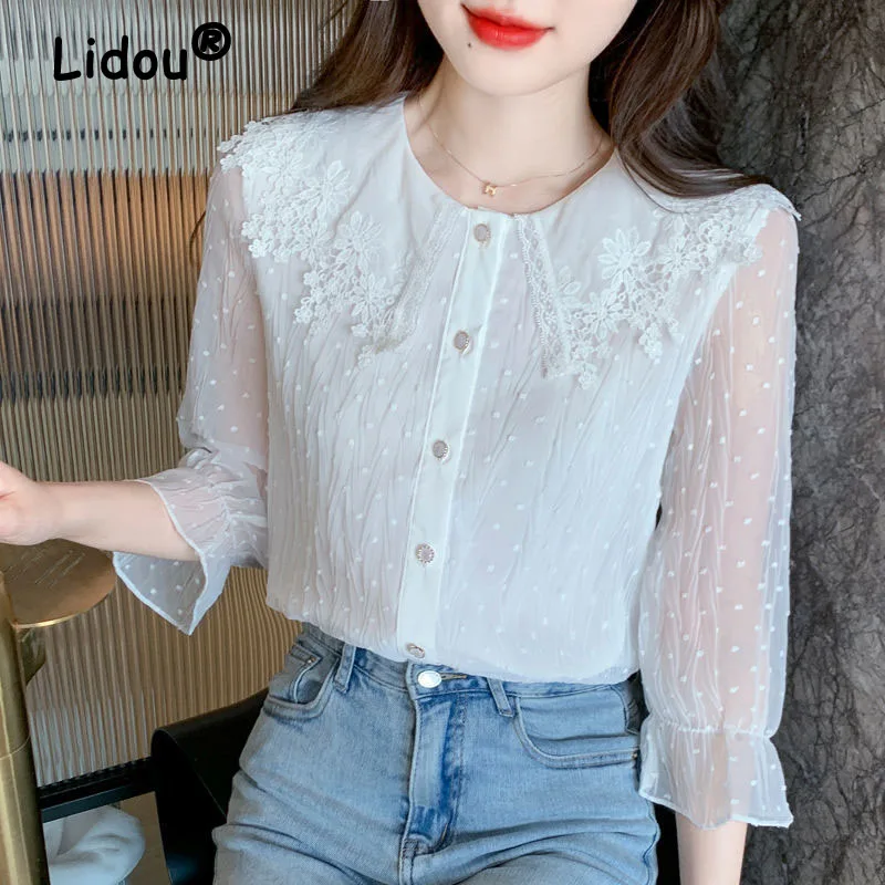 

White Lace Patchwork Chiffon Korean Style Spring Summer 3/4 Sleeve Shirts Women's Fashion Clothing Single-breasted Casual Blouse