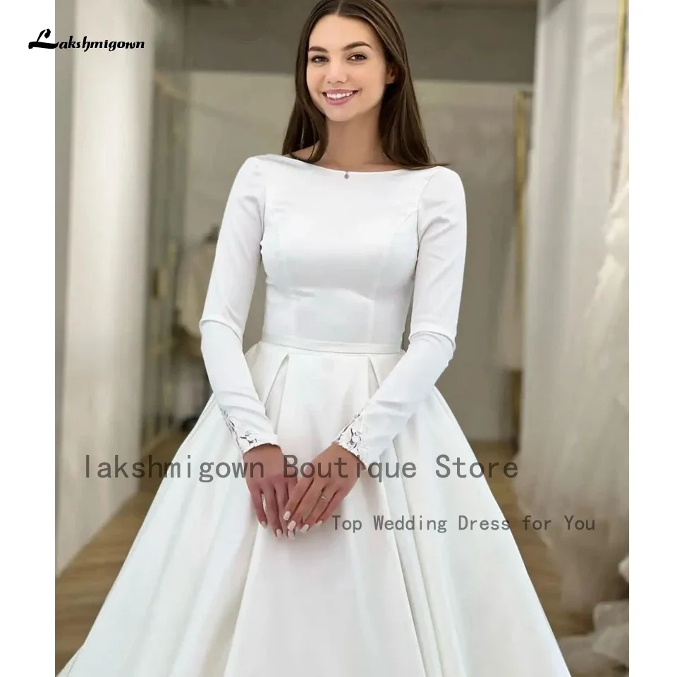 Vestido Элегантные мусульманские атласные свадебные платья с длинными рукавами 2022