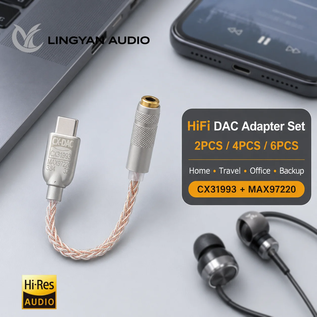 Фото 2 шт., 4 шт., 6 шт. USB-C DAC-адаптеры CX31993 MAX97220, Hi-Fi аудиоконвертеры Type-C на 3,5 мм, усилители для наушников, 32 бит, 384 кГц №1