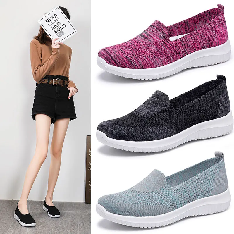 Fashion Breathable Knitting Flats Shoes Women Slip-on Soft Bottom Sneakers Woman Summer Super Light Non-slip Casual Shoes 611