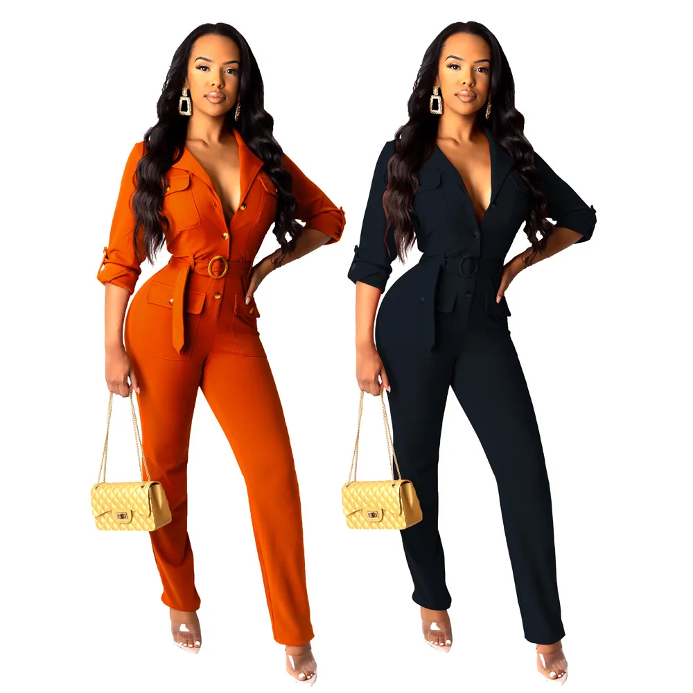 

19YZ1300 Spring new Women street Jumpsuit Fashion Solid Lapel Pocket Button Belt Cardigan Playsuit Rompers sexy Jumpsuit
