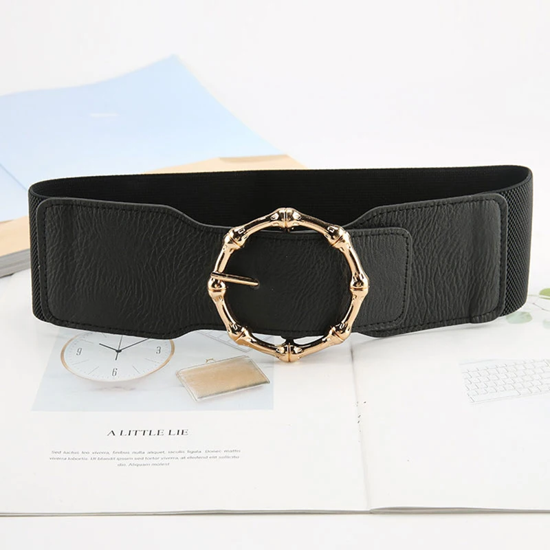 

Women Simple Wide Belt Alloy Bamboo Knot Round Pin Buckle Belt Slim Elastic Waistband Black Waist Belt Dress Corset Belts Girdle