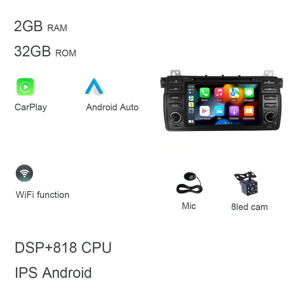 

7-дюймовый беспроводной Carplay Android 14.0 8G + 256G 8-ядерный GPS автомобильный Android-плеер радио Wi-Fi мультимедиа для BMW E46 M3 320 325 330 335
