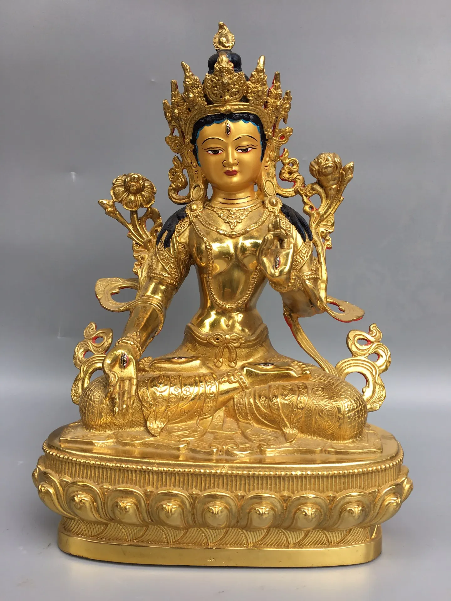 

12" Tibetan Temple Collection Old Bronze Gilt Painted Seven-Eyed Green Tara lotus platform worship buddha Town House Exorcism