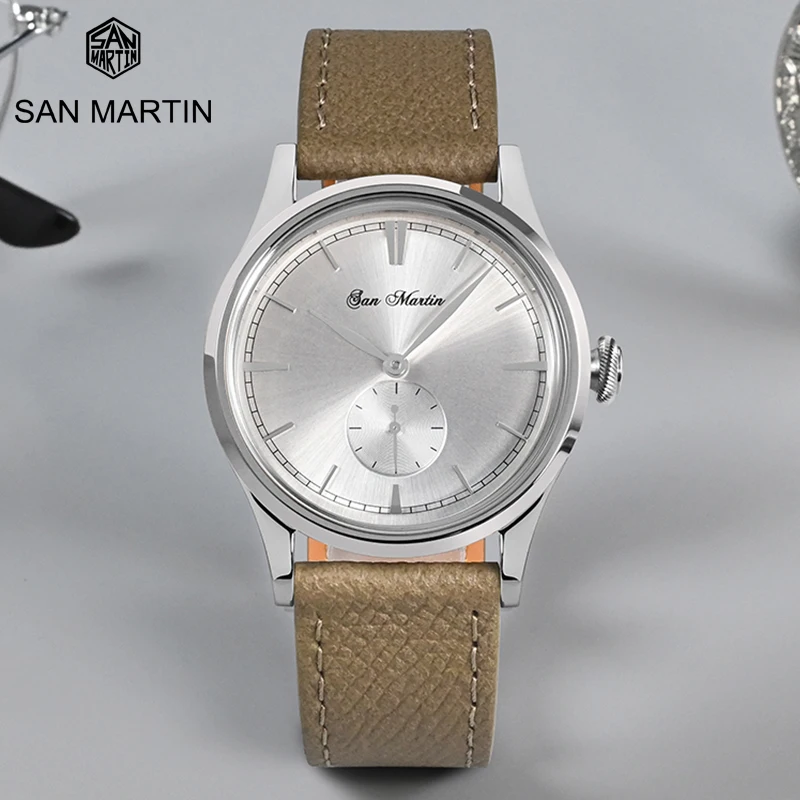 

San Martin 38mm Fashion Sunray Mens Dress Watch Ronda 715/6004 Quartz Movement Vintage Womens Watches Leather Strap Wristwatches