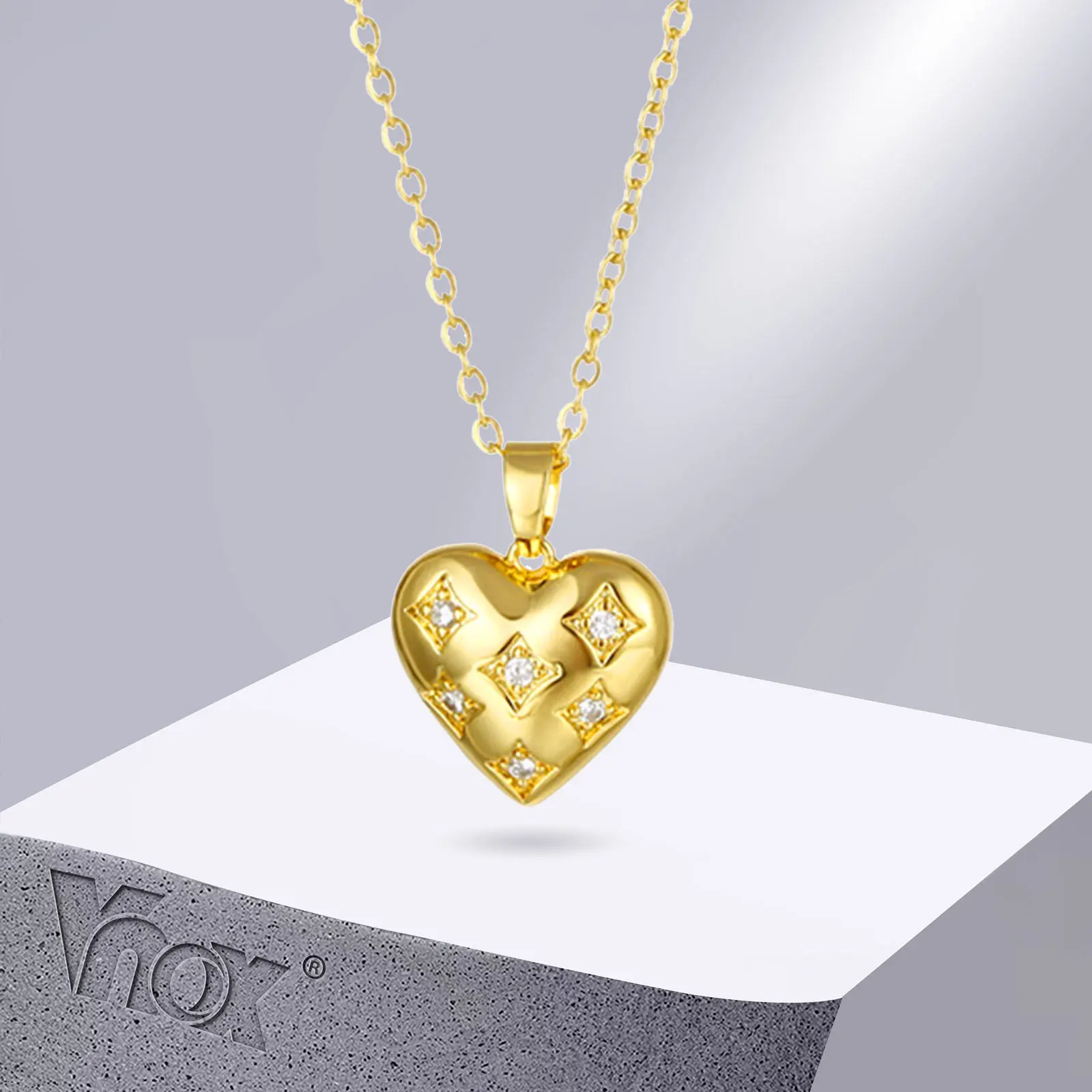 

Vnox Women Heart Necklaces, Gold Color 3D Heart with AAA CZ Stones Pendant, Rhombus Textured Collar