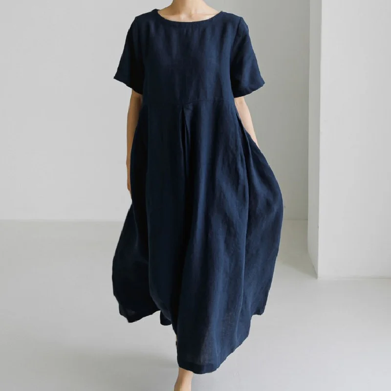 

Korean Fashion High Waist Over Knee Long Dress Casual Student Versatile Short Sleeve Loose Fashion Literary Minimalist Dress