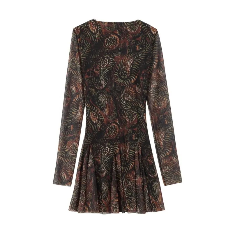 TRAF Осеннее женское длинное платье из шелковой сетки с принтом для модного платья