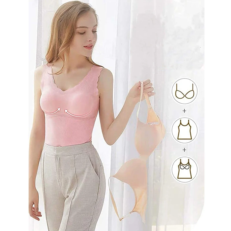 Women's V-Neck Fleece Lined Tank Top Thermal Underwear Built-in Bra Camisole Vest Winter Clothes Thermal Shirt Camiseta Termica
