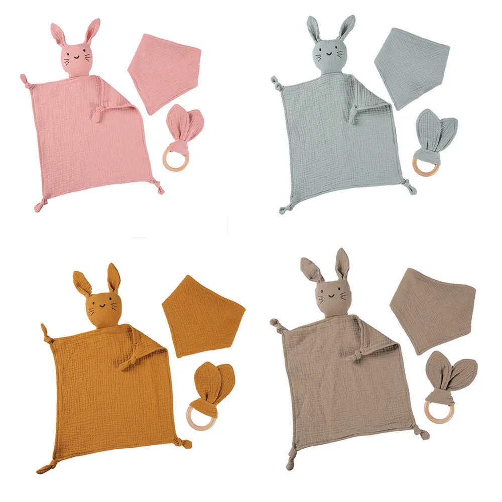 

3Pcs/Set Bunny Muslin Comforter Baby Bibs Soft Dolls Teether Toys Infant Comfort Sleeping Appease Blanket Towel