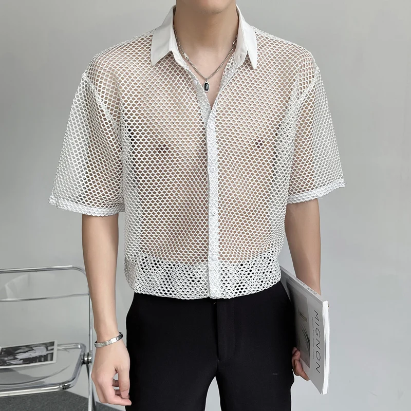 Sexy Cutout See-through Shirts for Men Summer Short Sleeve Loose Casual Shirt Streetwear Social Party Nightclub DJ Tuxedo Blouse