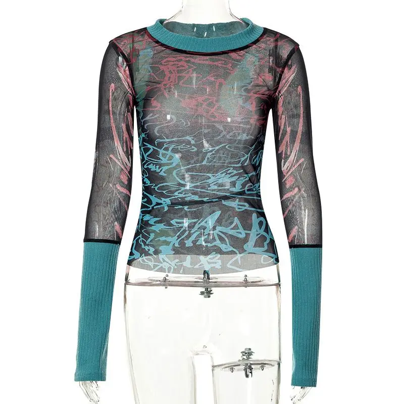 

INS mesh patchwork printed round neck long sleeved T-shirt for women's personalized fashion retro high street slimming top