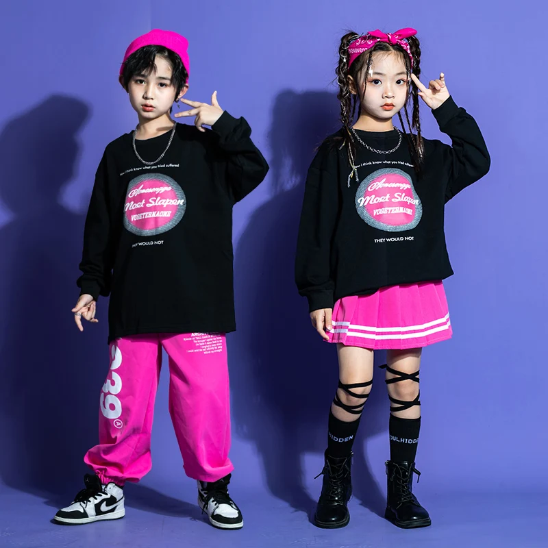 

Kpop Outfits Hip Hop Clothing Black Girl Boy Jazz Street Dance Costume Clothes Kids Teen Sweatshirt Tops Pink Jogger Pants