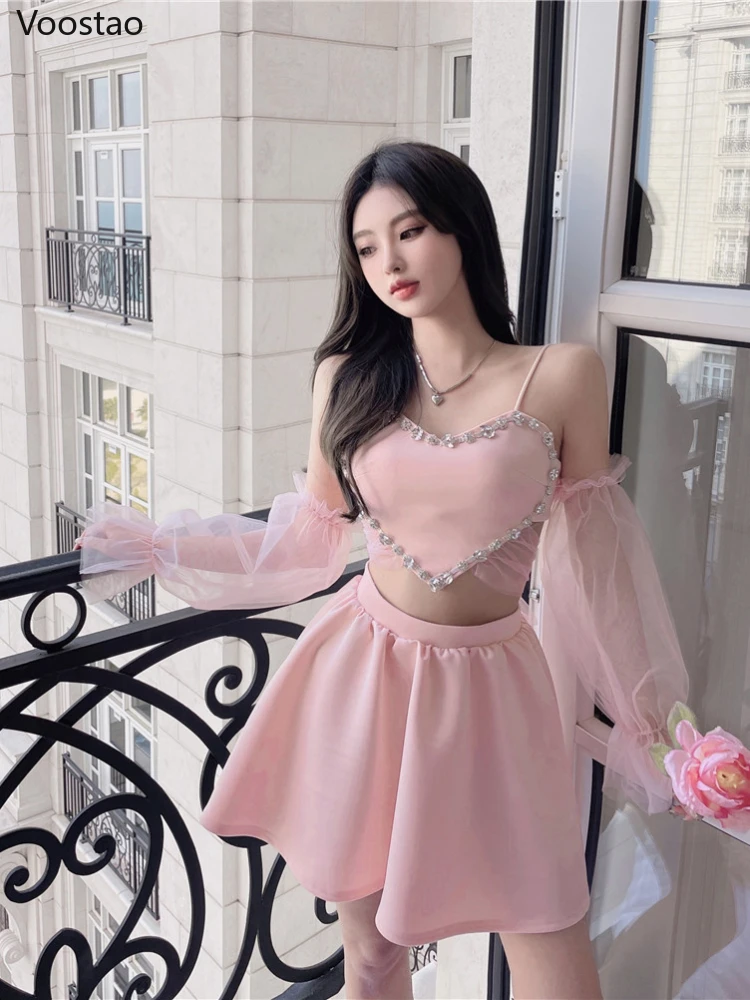 

Summer Sweet Lolita Style Skirt Sets Women Elegant Sexy Heart Crop Tops Mini A-Line Skirts Suit Girly Cute Nightclub 2 Piece Set