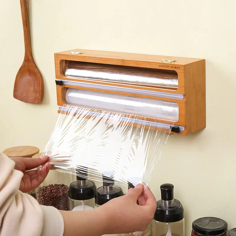 

3 Layer Cling Wrap Food Dispenser Kitchen Storage Organizer Bamboo Wrap Food Dispenser Smoothly Cutting Holder Kitchen Organizer