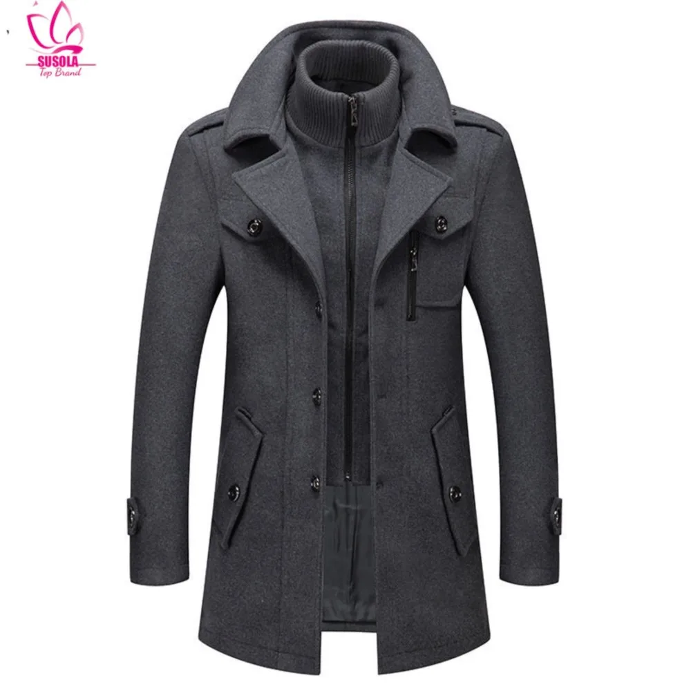 

SUSOLA Trend New Winter Wool Coat Men Double Collar Thick Jacket Single Breasted Trench Coat Men Trend Wool Blends Overcoats