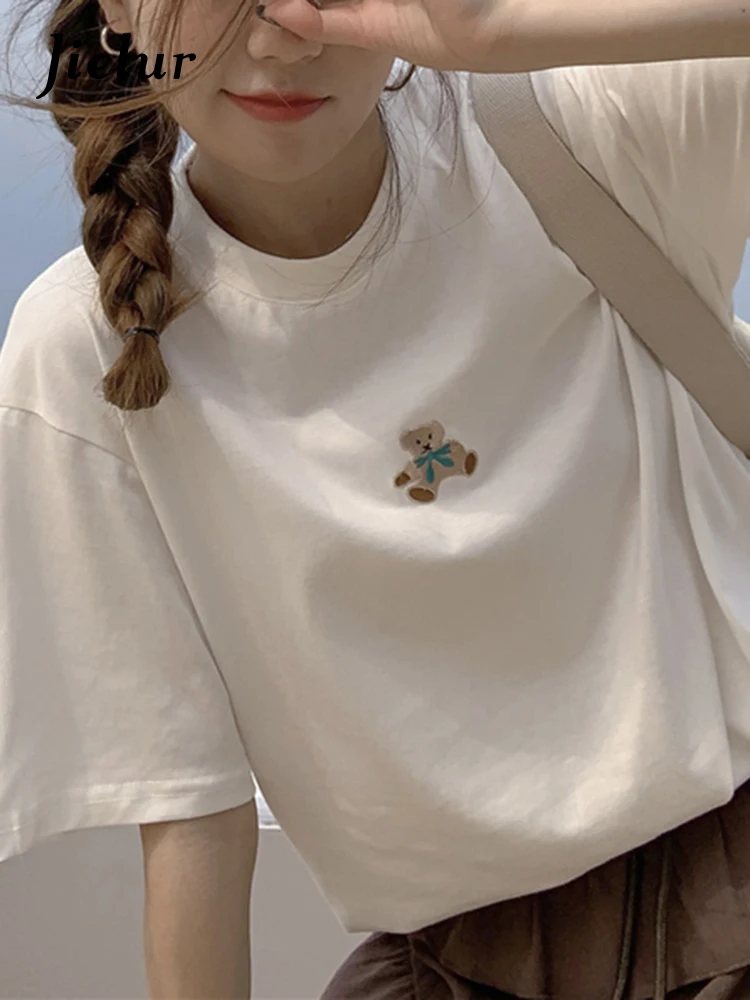 

Jielur Cute Bear Embroidery T shirt Women White Gray Short Sleeve T-shirts Girls Korean Summer Loose Simple Tee Top Female M-XL