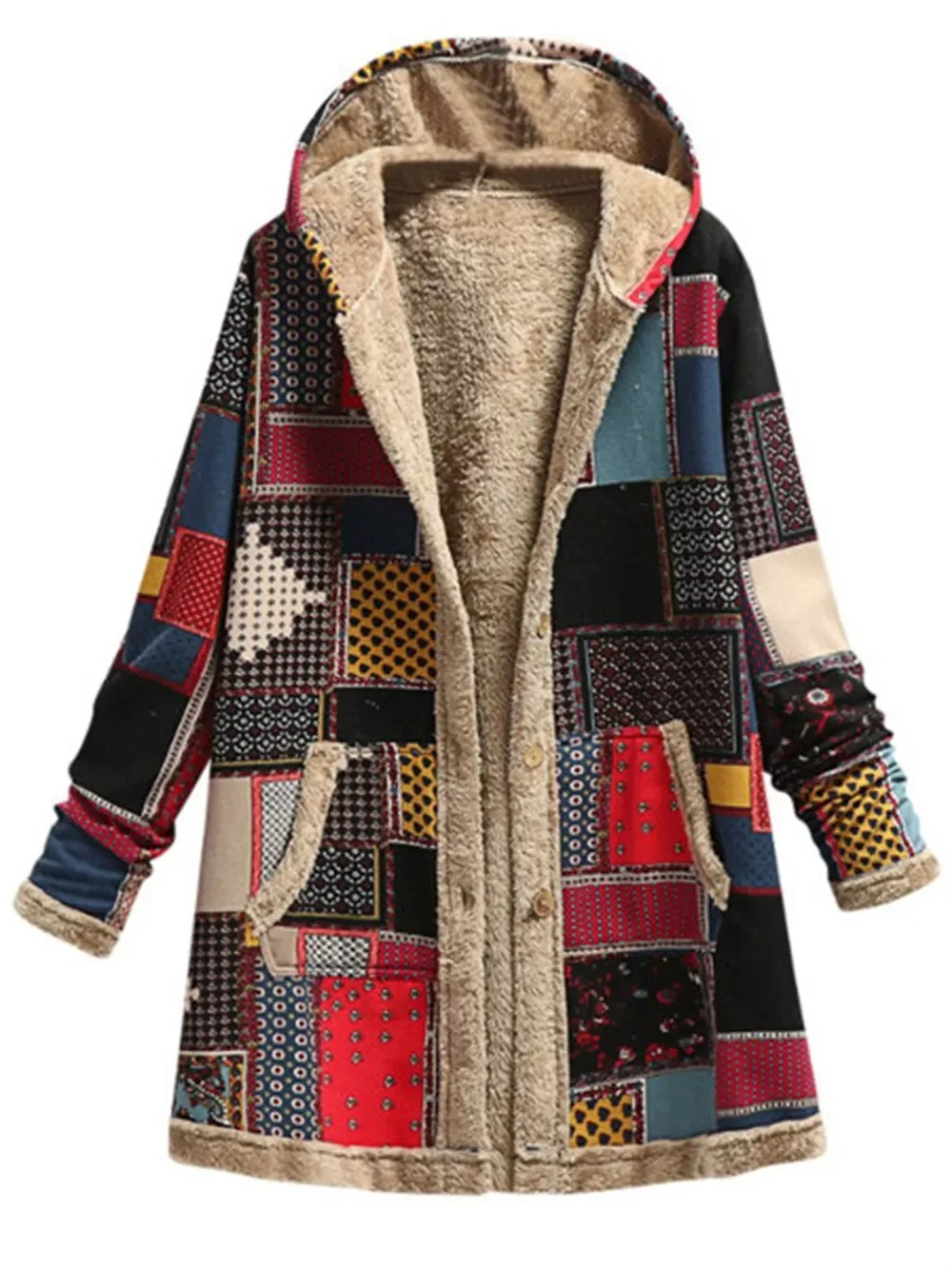 

Hooded Long-sleeved Printed Plush Coat Casual Retro Coat Clothing Fall Jacket For Women Winter Jacket Warm Plush Outerwear Top