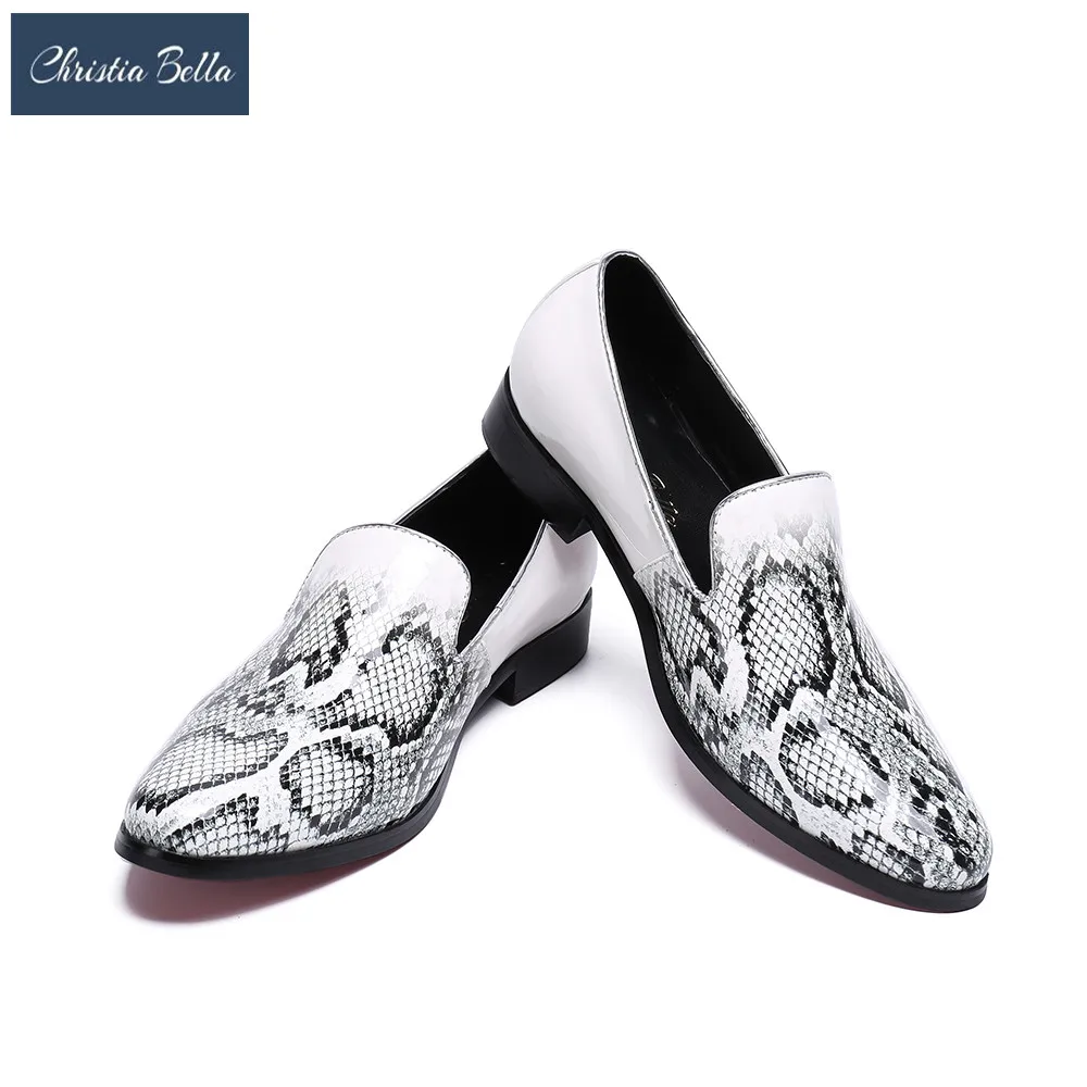 

Christia Bella White Python Pattern Genuine Leather Men Flat Shoes Plus Size Men Party Loafers Smoking Slippers Casual Men Shoes