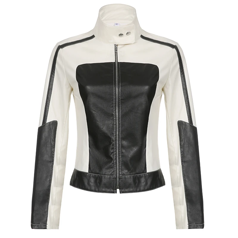 SUCHCUTE Motorcycle Black White Contrast Print Leather Jackets Women Moto & Biker Zip Up Slim PU Bomber Jacket Racing Outwears
