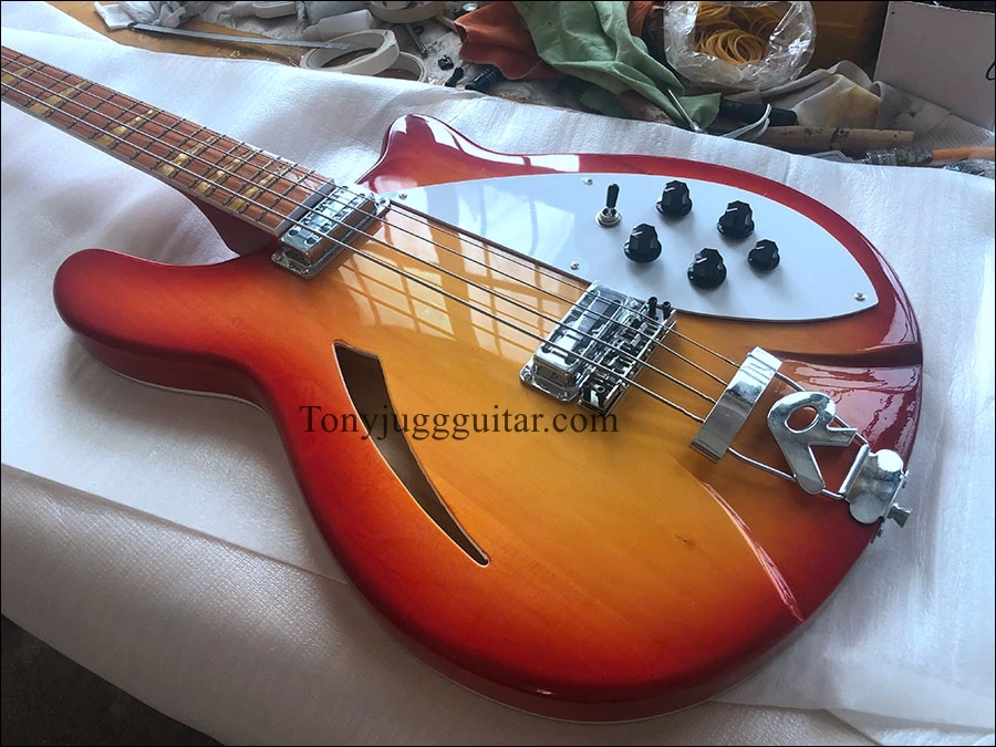 

4005 4 Strings Cherry Sunburst Semi Hollow Body Electric Bass Guitar Checkerboard Binding, Gloss Lacquer Fingerboard, MOP Triang